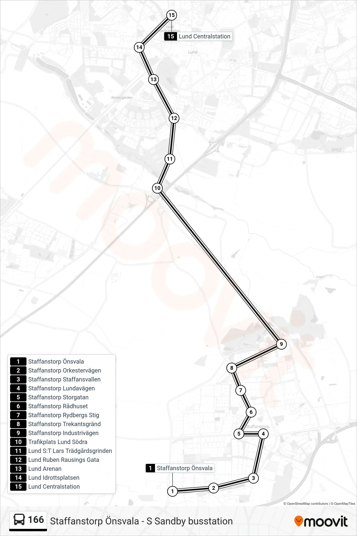 Rutt och hållplatser på karta för linje 166  spårvagn, (Lund Centralstation)