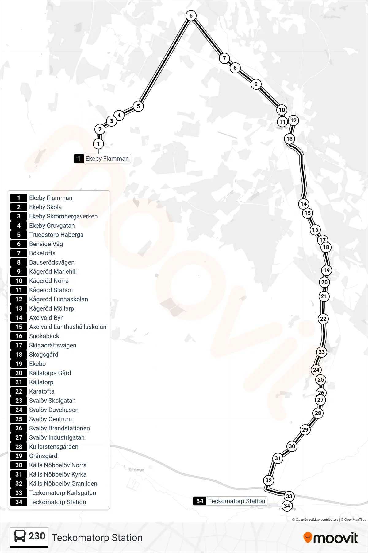 Rutt och hållplatser på karta för linje 230 spårvagn, (Teckomatorp Station)
