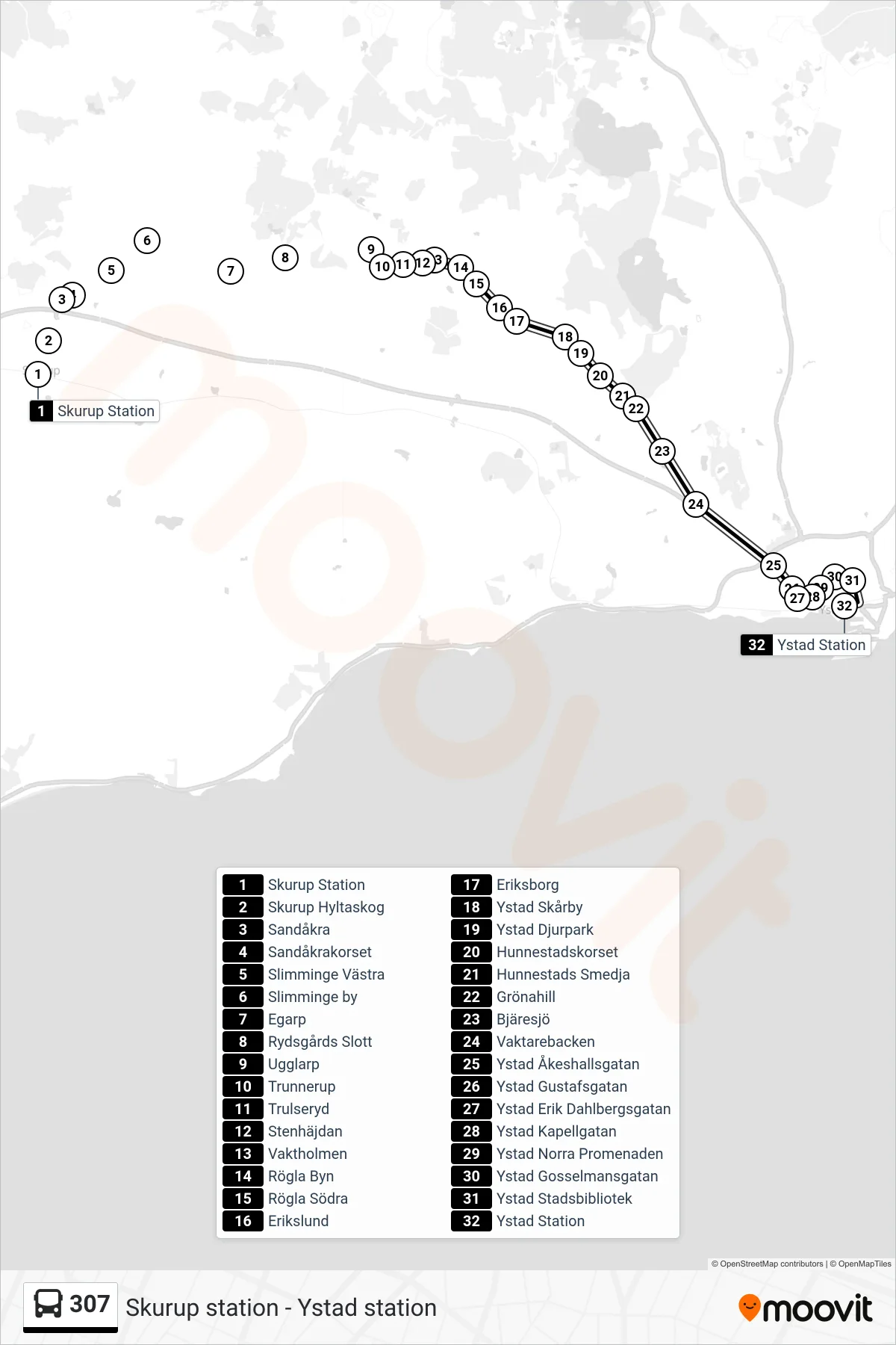 Rutt och hållplatser på karta för linje 307  spårvagn, (Ystad Station)