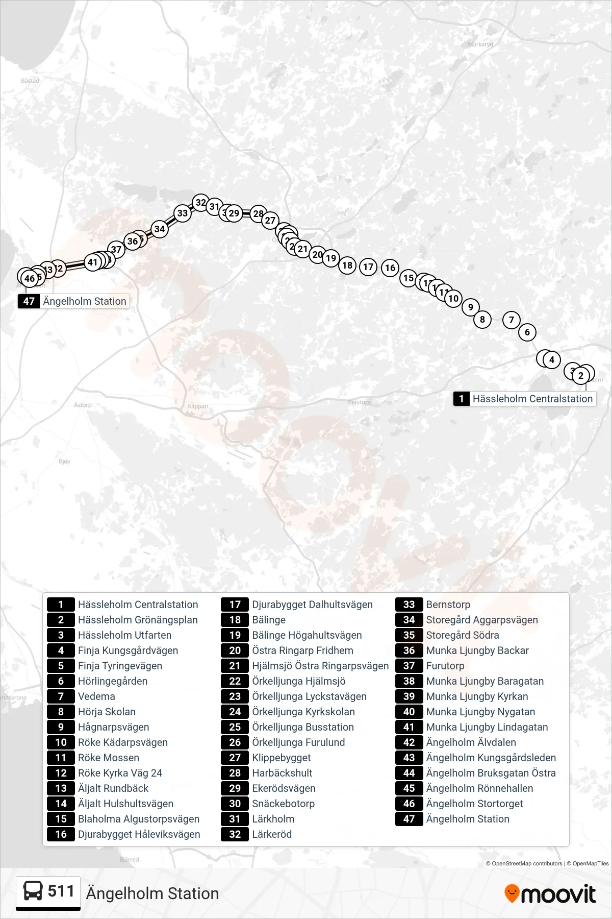 Rutt och hållplatser på karta för linje 511  spårvagn, (Ängelholm Station)