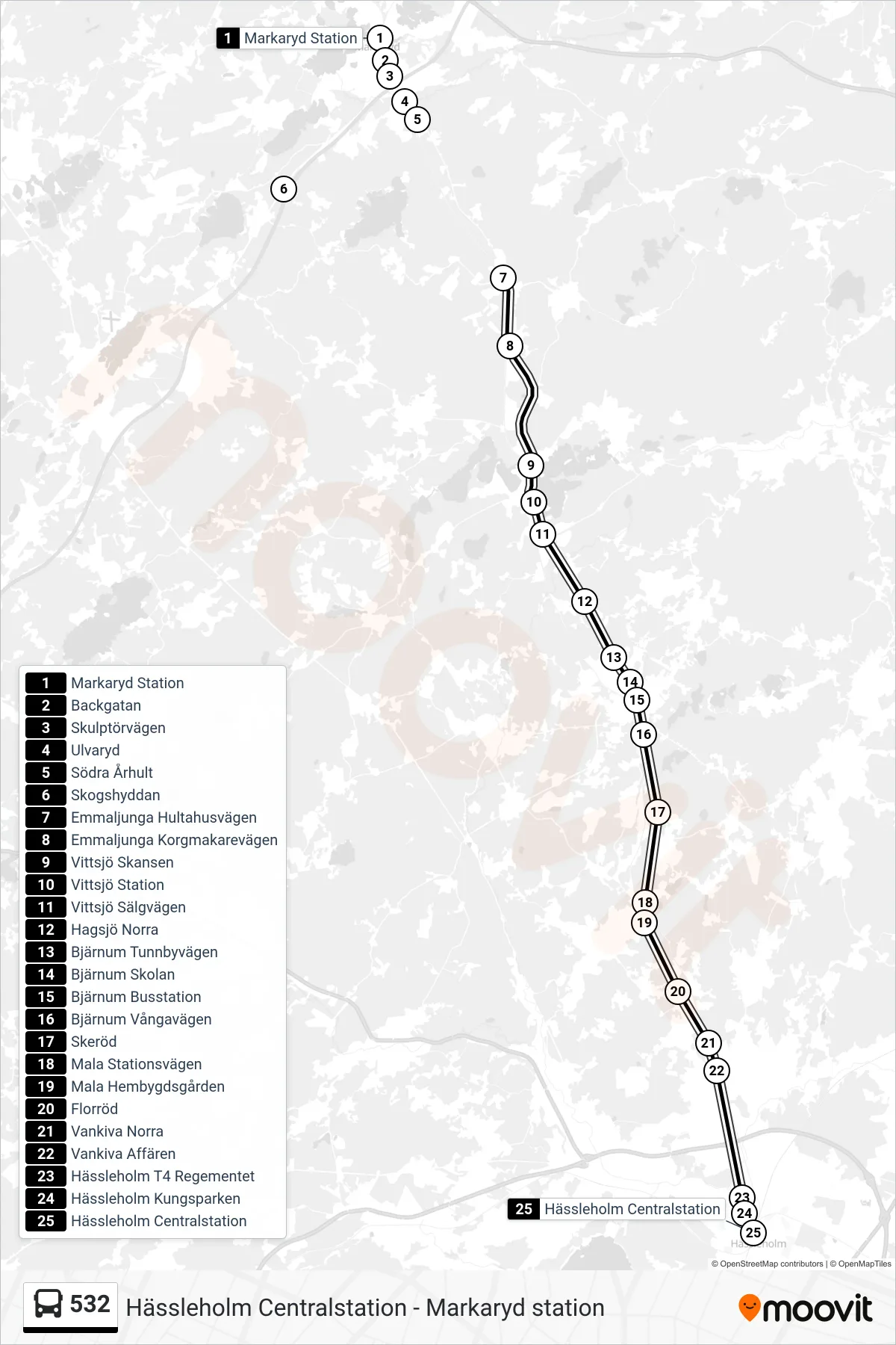 Rutt och hållplatser på karta för linje 532 spårvagn, (Hässleholm Centralstation)