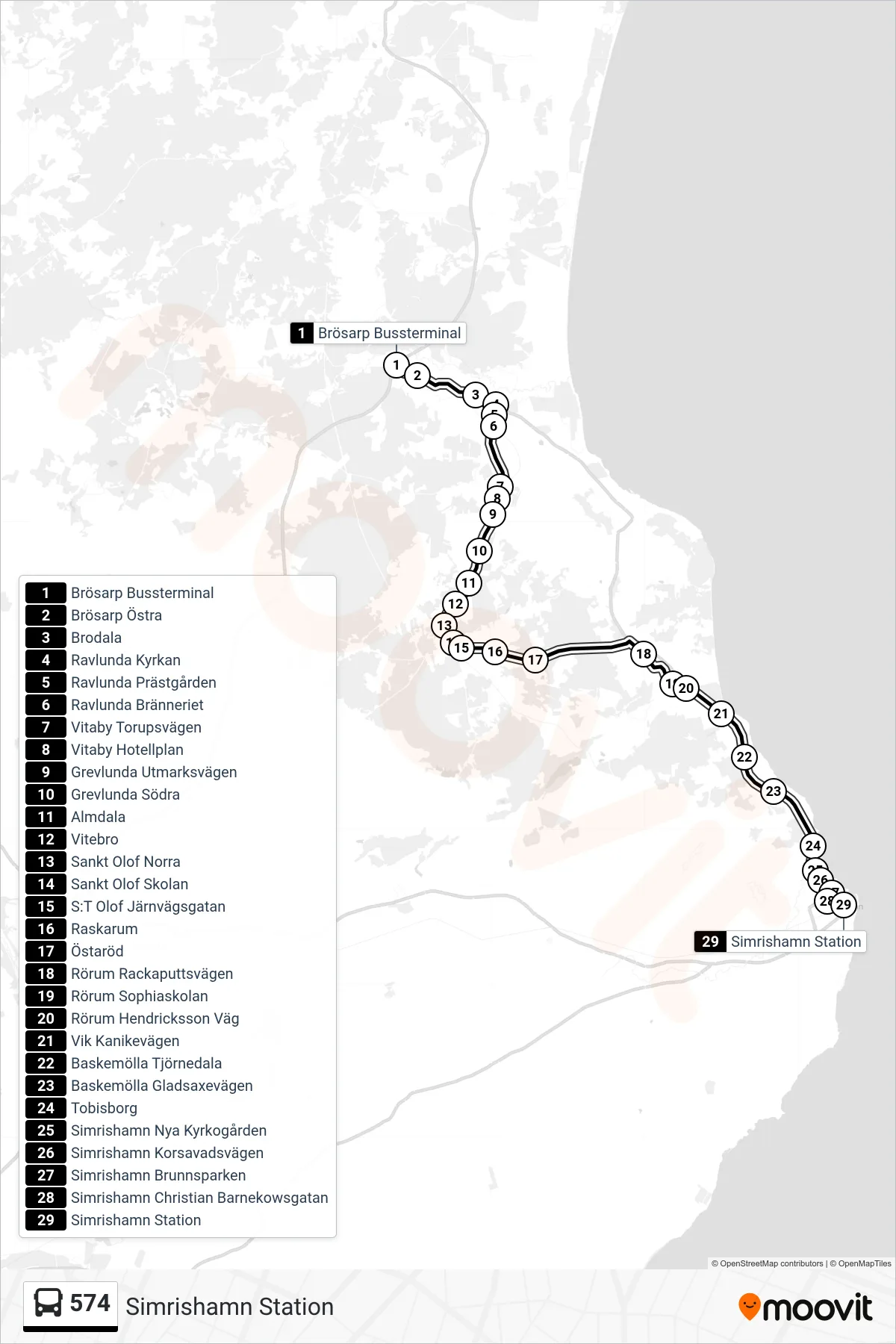 Rutt och hållplatser på karta för linje 574  spårvagn, (Simrishamn Station)