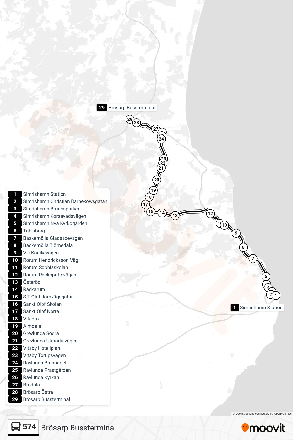 Rutt och hållplatser på karta för linje 574 spårvagn, (Brösarp Bussterminal)