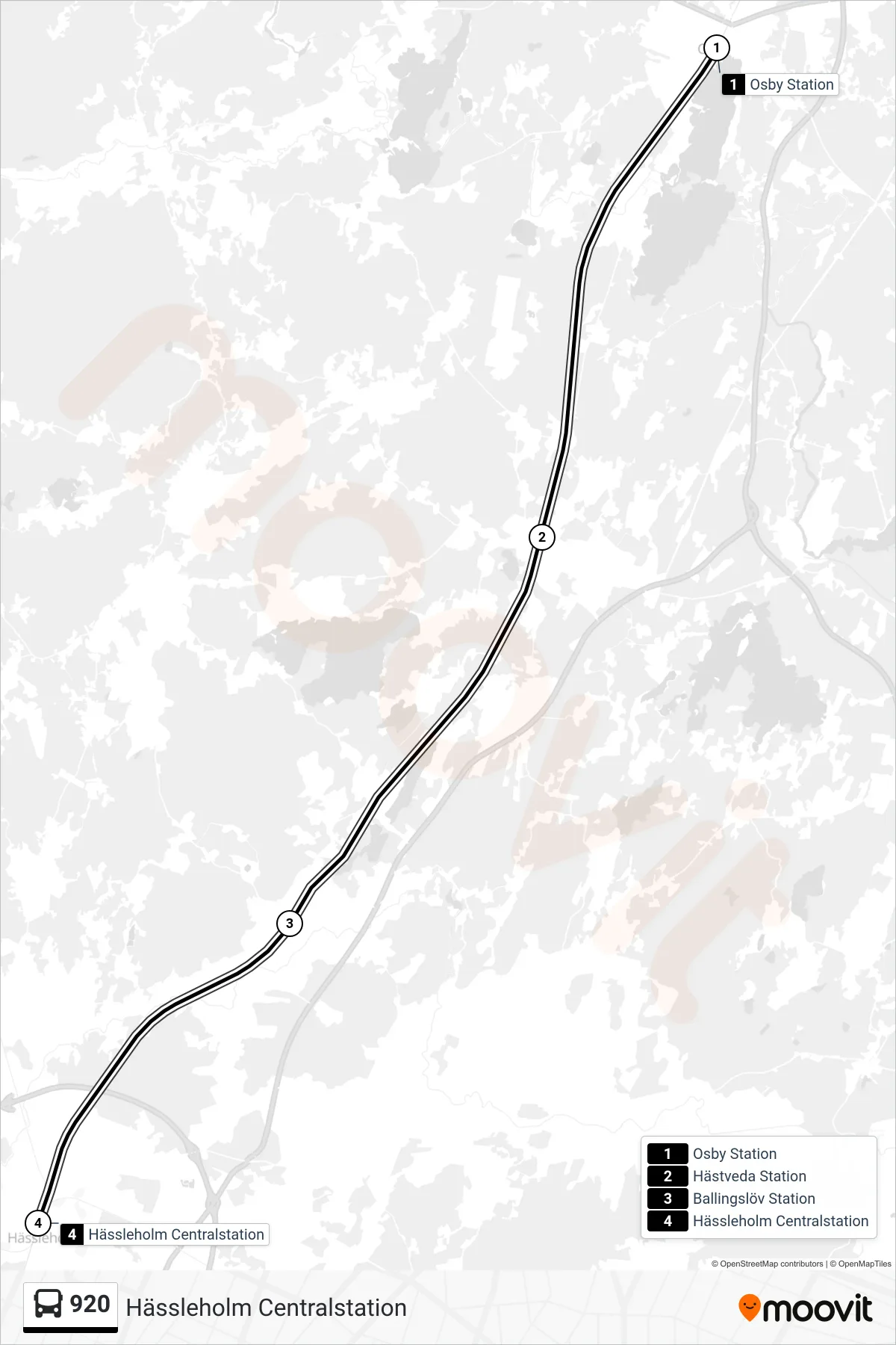Rutt och hållplatser på karta för linje 920  spårvagn, (Hässleholm Centralstation)