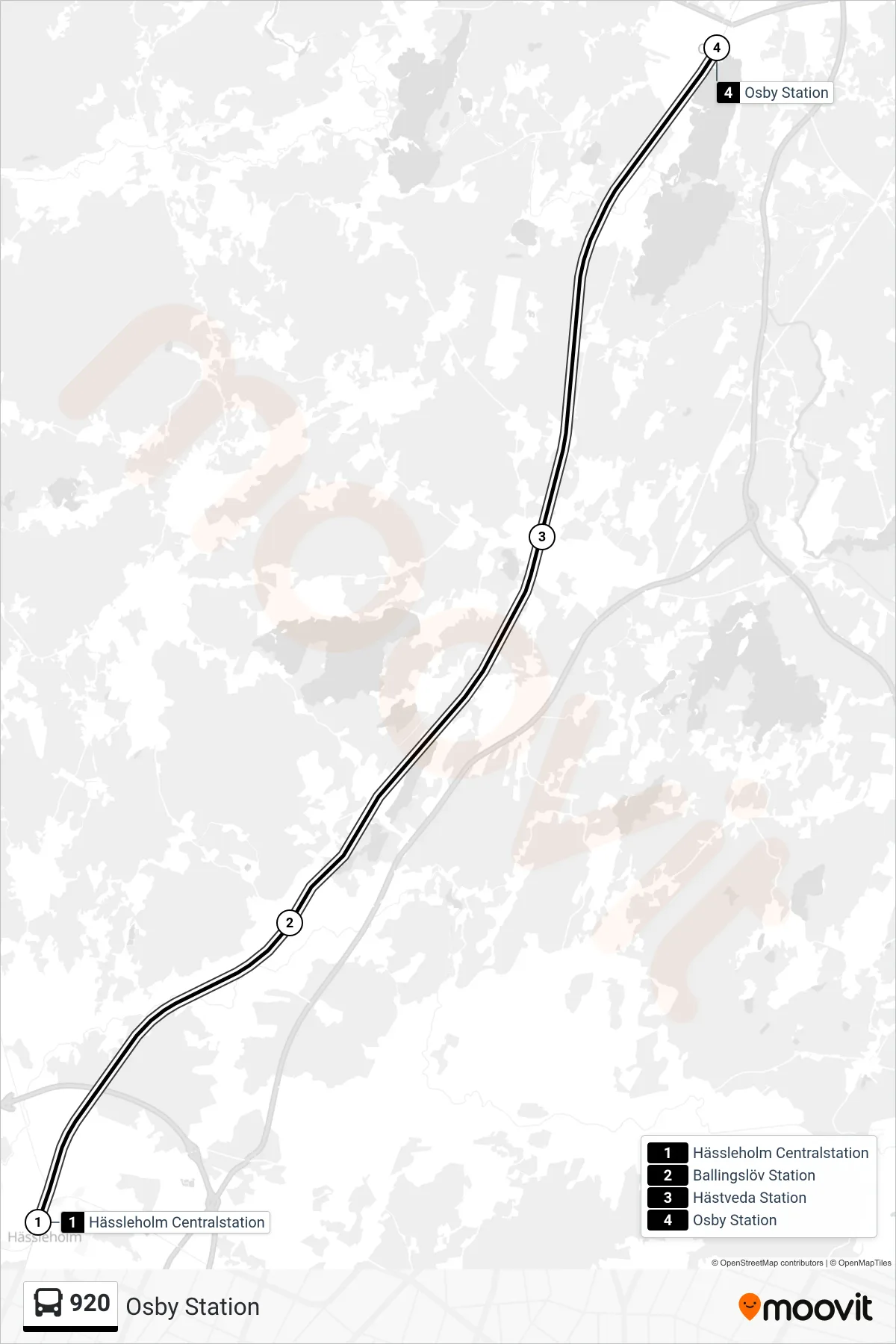 Rutt och hållplatser på karta för linje 920  spårvagn, (Osby Station)