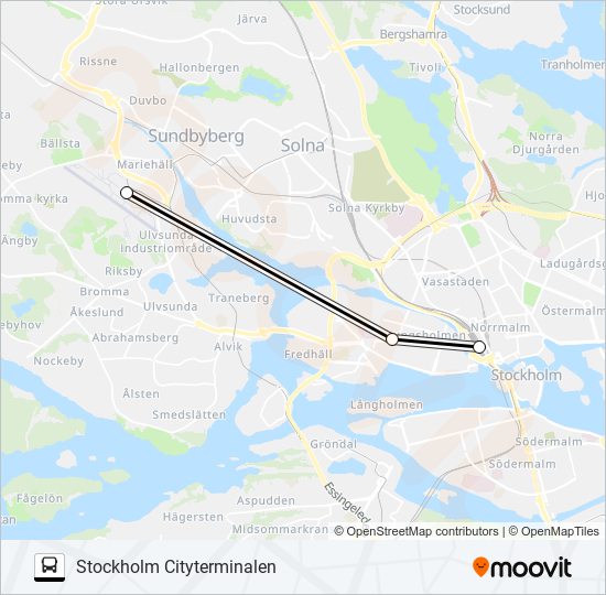 BROMMA FLYGPLATS - STOCKHOLM CITYTERMINALEN buss Linje karta