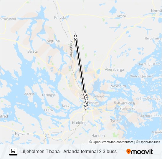 LILJEHOLMEN T-BANA - ARLANDA TERMINAL 2-3 BUSS buss Linje karta