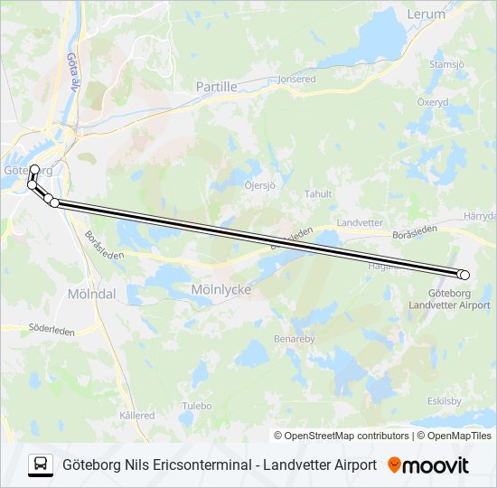 GÖTEBORG NILS ERICSONTERMINAL - LANDVETTER AIRPORT buss Linje karta