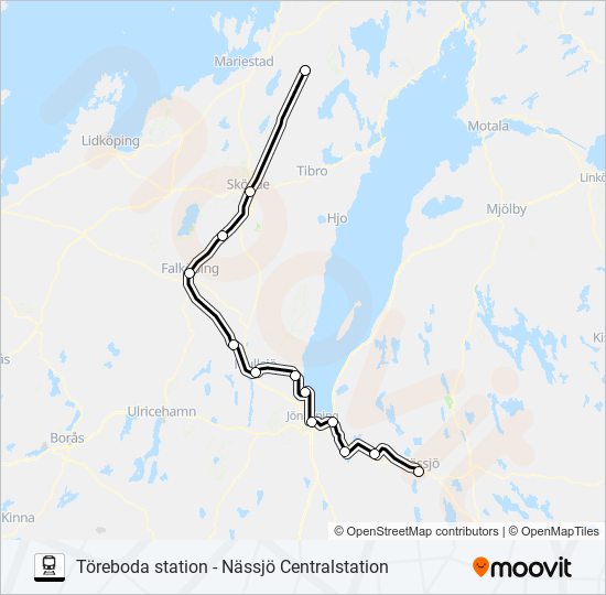 TÖREBODA STATION - NÄSSJÖ CENTRALSTATION tåg Linje karta