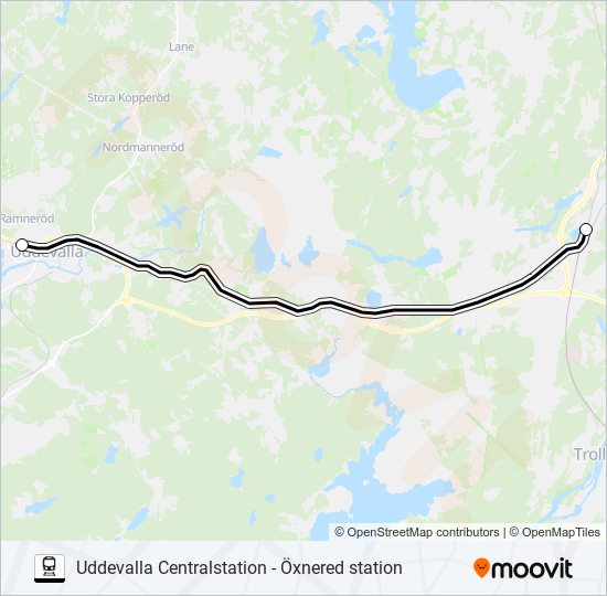 UDDEVALLA CENTRALSTATION - ÖXNERED STATION tåg Linje karta