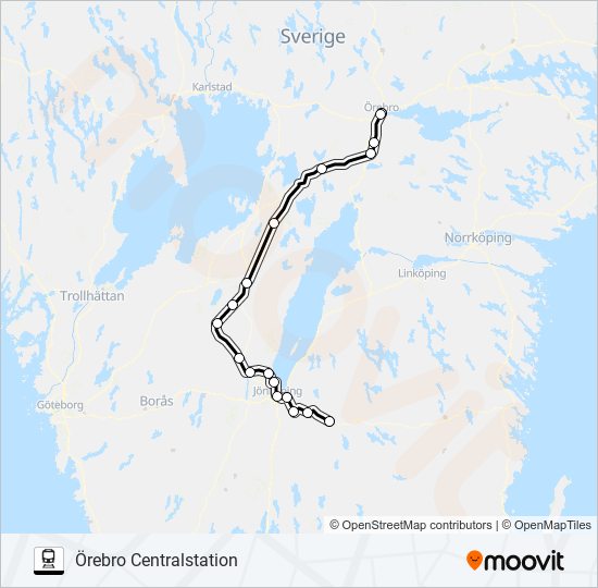 NÄSSJÖ CENTRALSTATION - ÖREBRO CENTRALSTATION tåg Linje karta