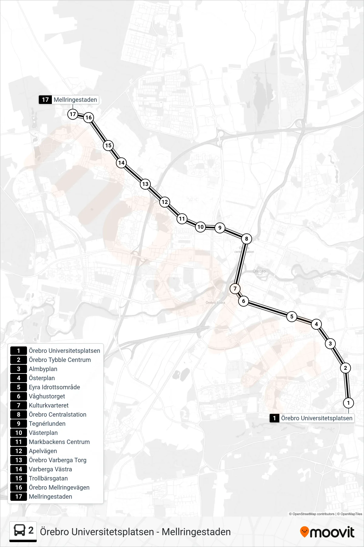 Rutt och hållplatser på karta för linje 2 spårvagn, (Mellringestaden)