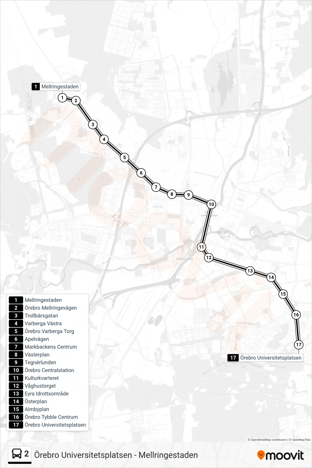 Rutt och hållplatser på karta för linje 2 spårvagn, (Örebro Universitetsplatsen)