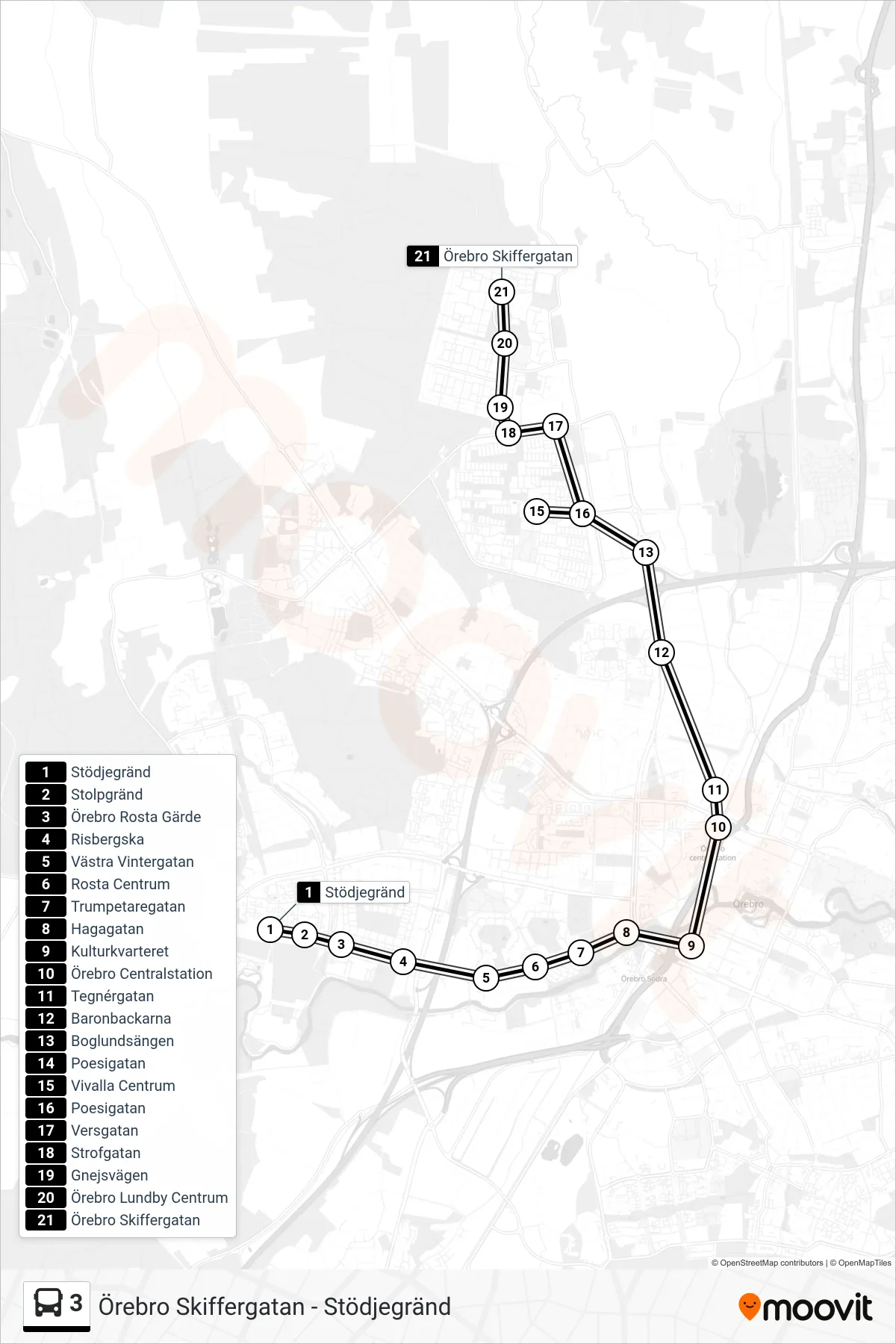 Rutt och hållplatser på karta för linje 3 spårvagn, (Örebro Skiffergatan)