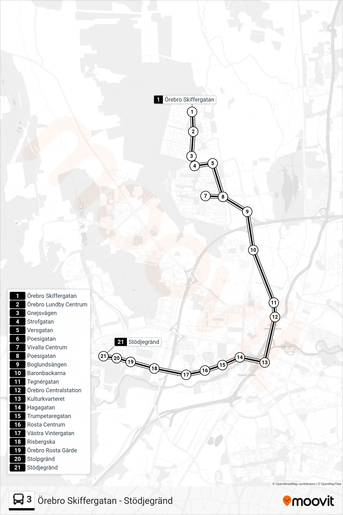 Rutt och hållplatser på karta för linje 3 spårvagn, (Stödjegränd)