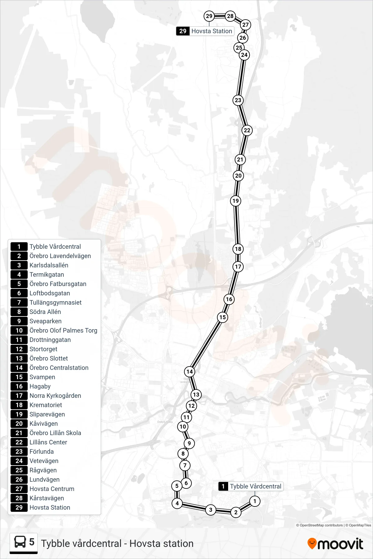 Rutt och hållplatser på karta för linje 5  spårvagn, (Hovsta Station)