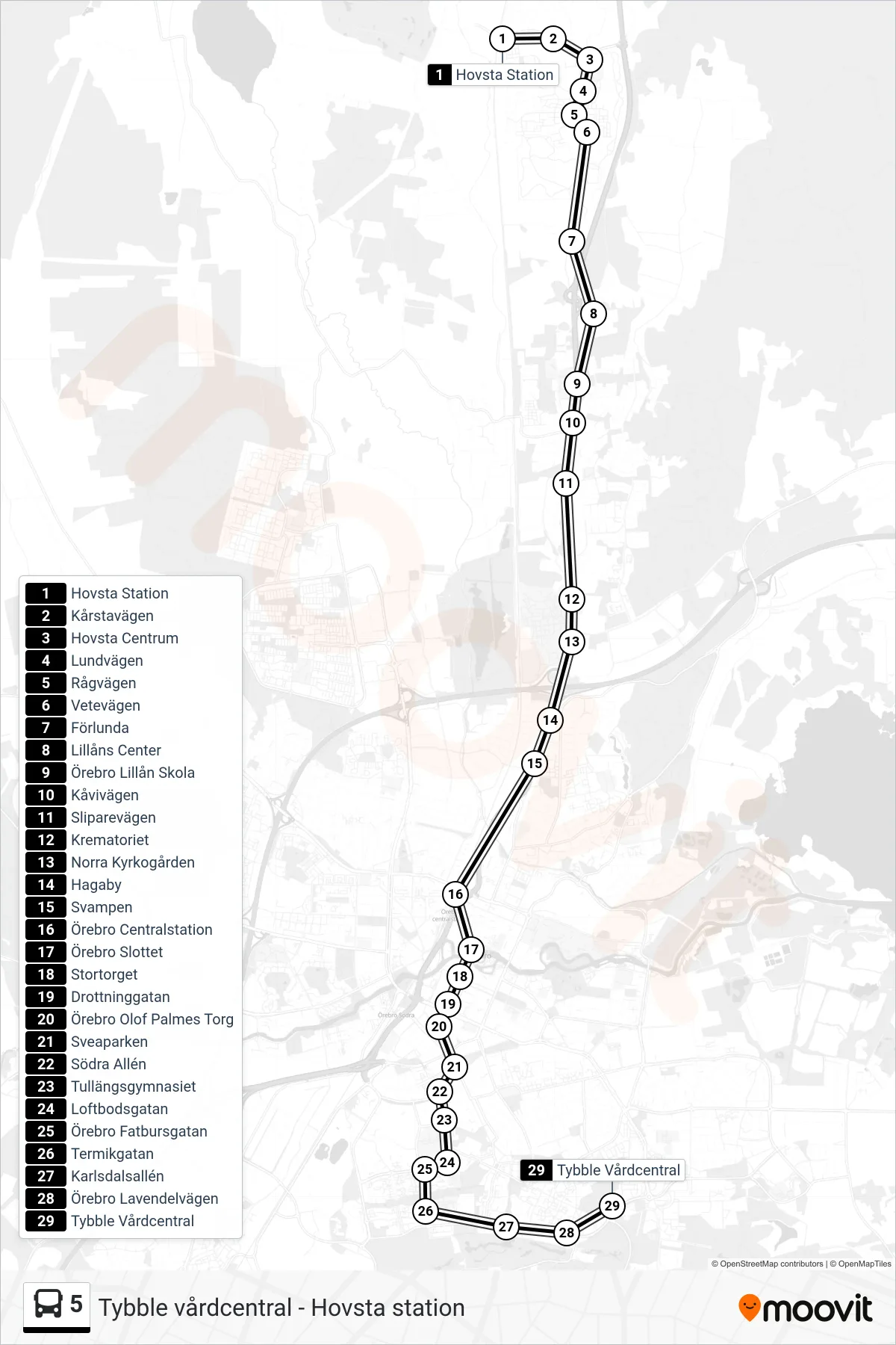 Rutt och hållplatser på karta för linje 5 spårvagn, (Tybble Vårdcentral)
