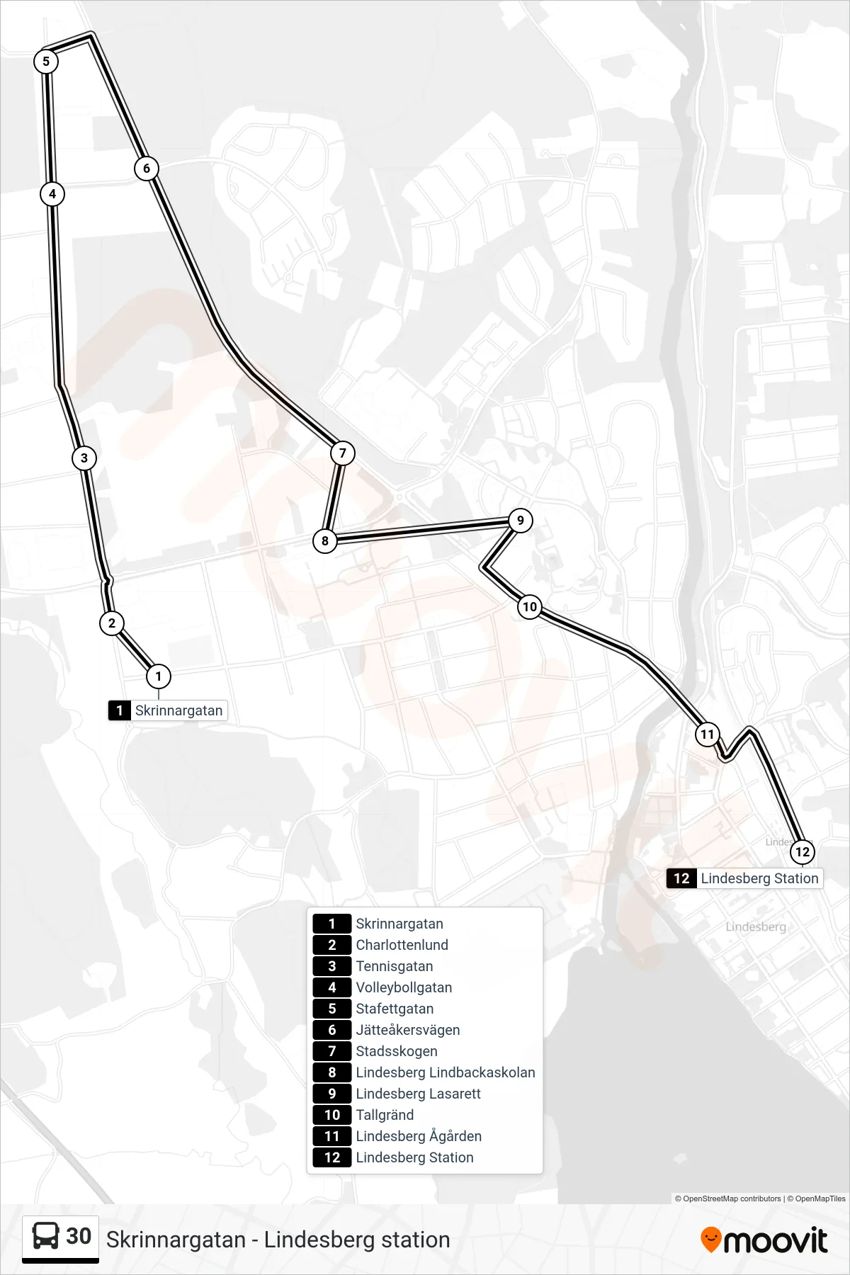 Rutt och hållplatser på karta för linje 30 spårvagn, (Lindesberg Station)