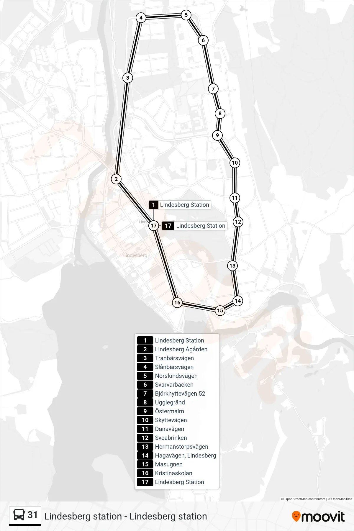 Rutt och hållplatser på karta för linje 31  spårvagn, (Lindesberg Station)