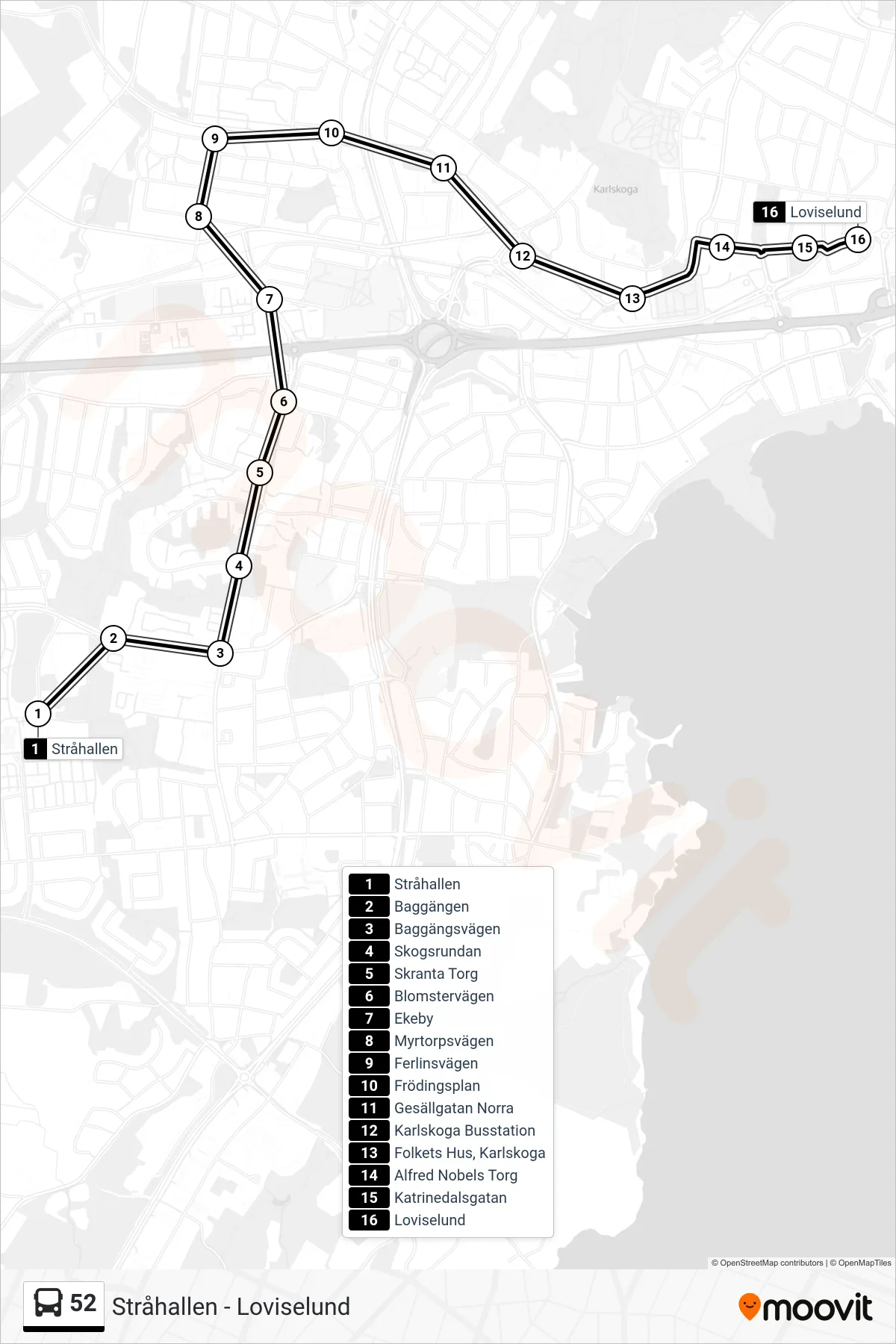 Rutt och hållplatser på karta för linje 52 spårvagn, (Loviselund)