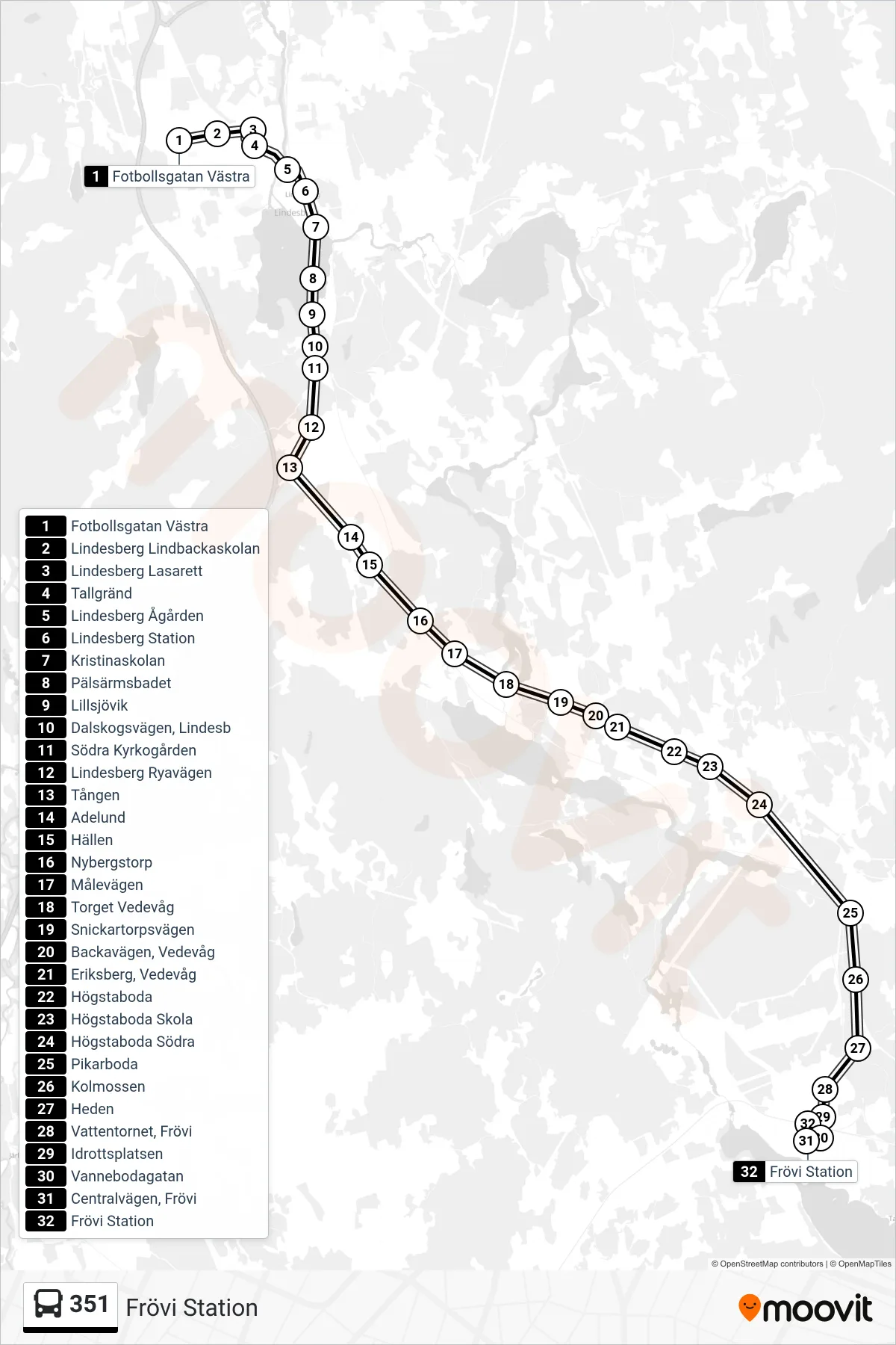 Rutt och hållplatser på karta för linje 351 spårvagn, (Frövi Station)