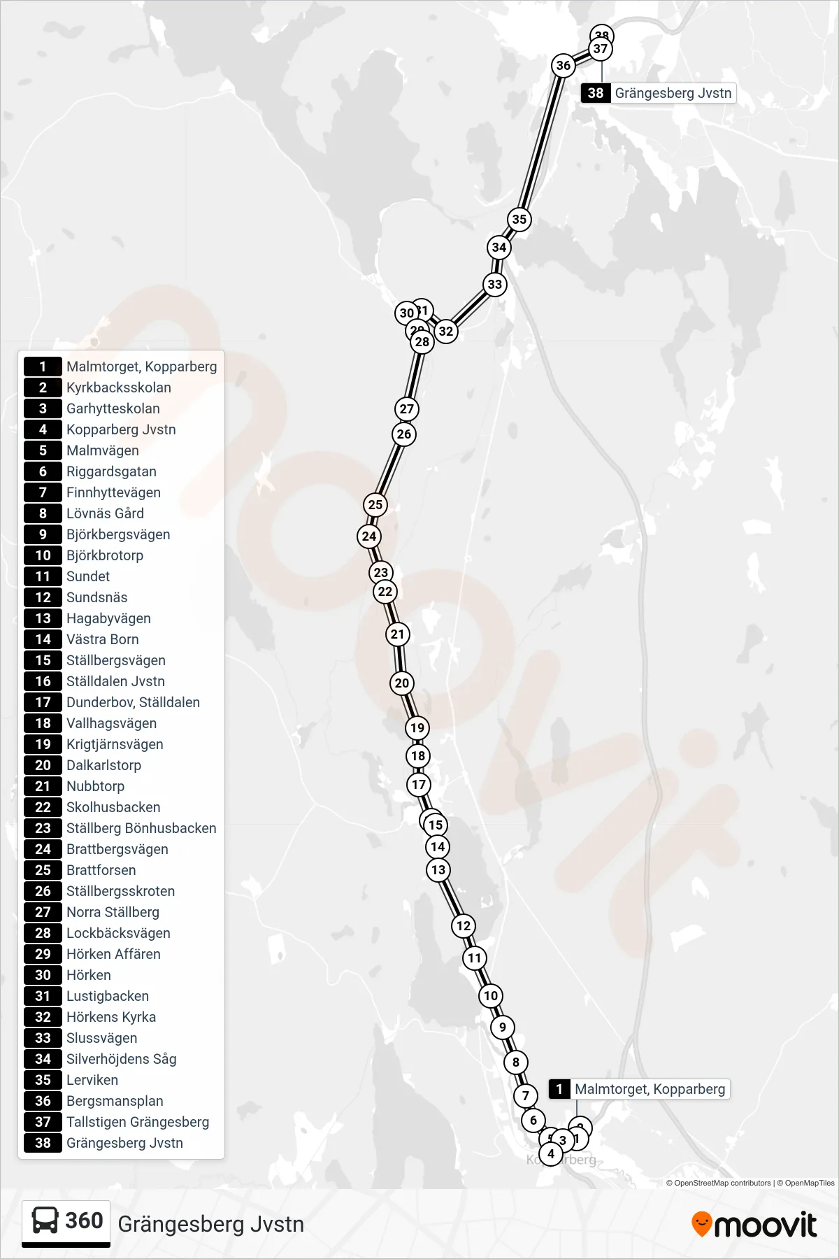 Rutt och hållplatser på karta för linje 360  spårvagn, (Grängesberg Jvstn)
