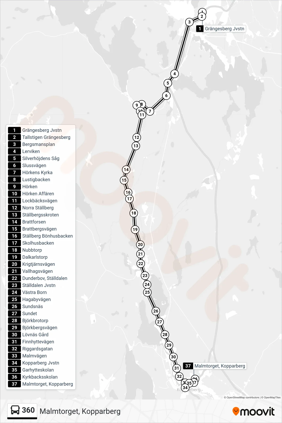 Rutt och hållplatser på karta för linje 360 spårvagn, (Malmtorget, Kopparberg)