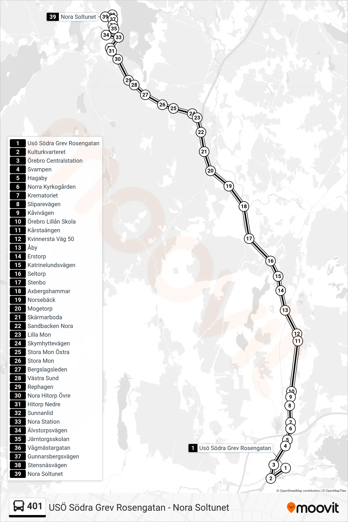 Rutt och hållplatser på karta för linje 401 spårvagn, (Nora Soltunet)