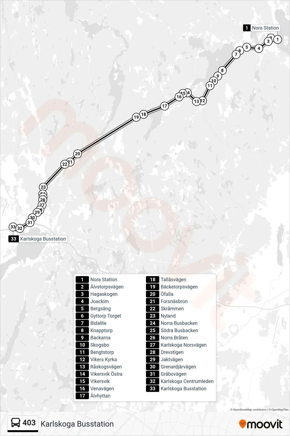 Rutt och hållplatser på karta för linje 403  spårvagn, (Karlskoga Busstation)