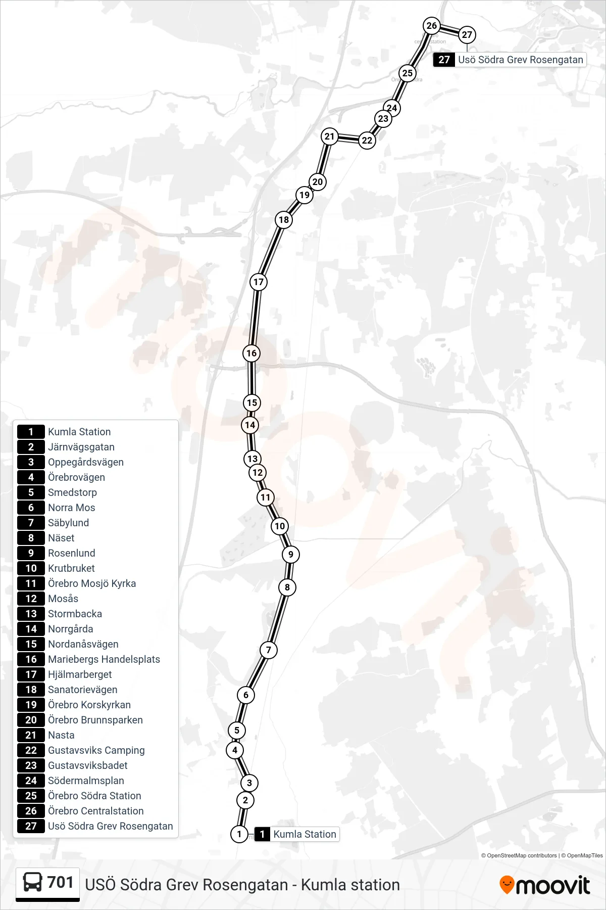 Rutt och hållplatser på karta för linje 701  spårvagn, (Usö Södra Grev Rosengatan)