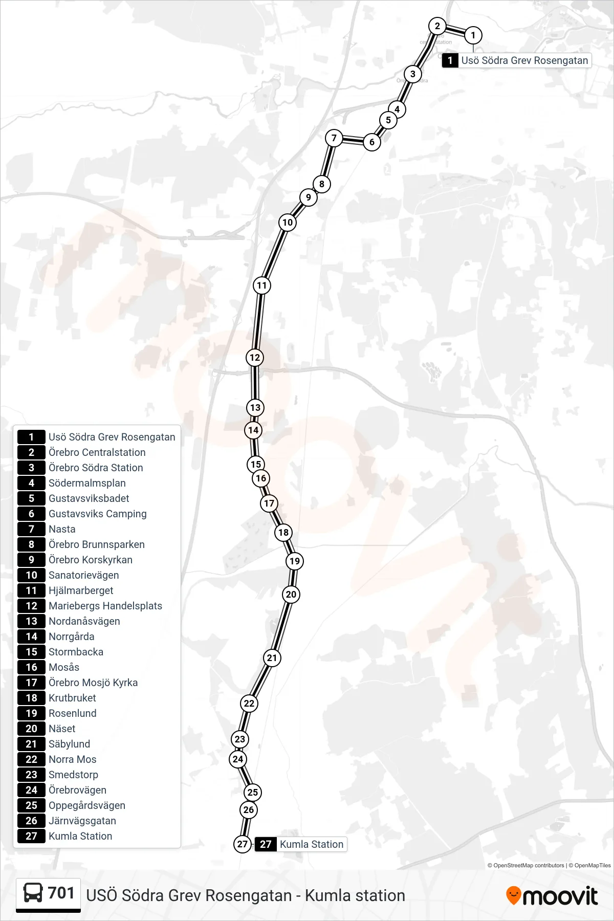 Rutt och hållplatser på karta för linje 701 spårvagn, (Kumla Station)