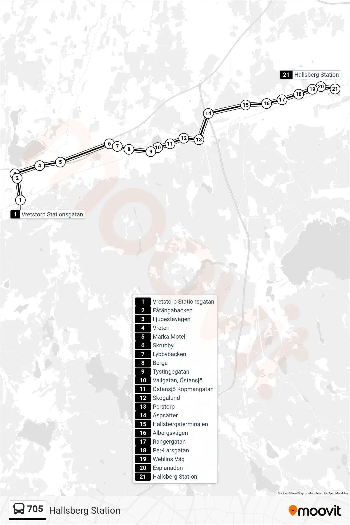 Rutt och hållplatser på karta för linje 705  spårvagn, (Hallsberg Station)