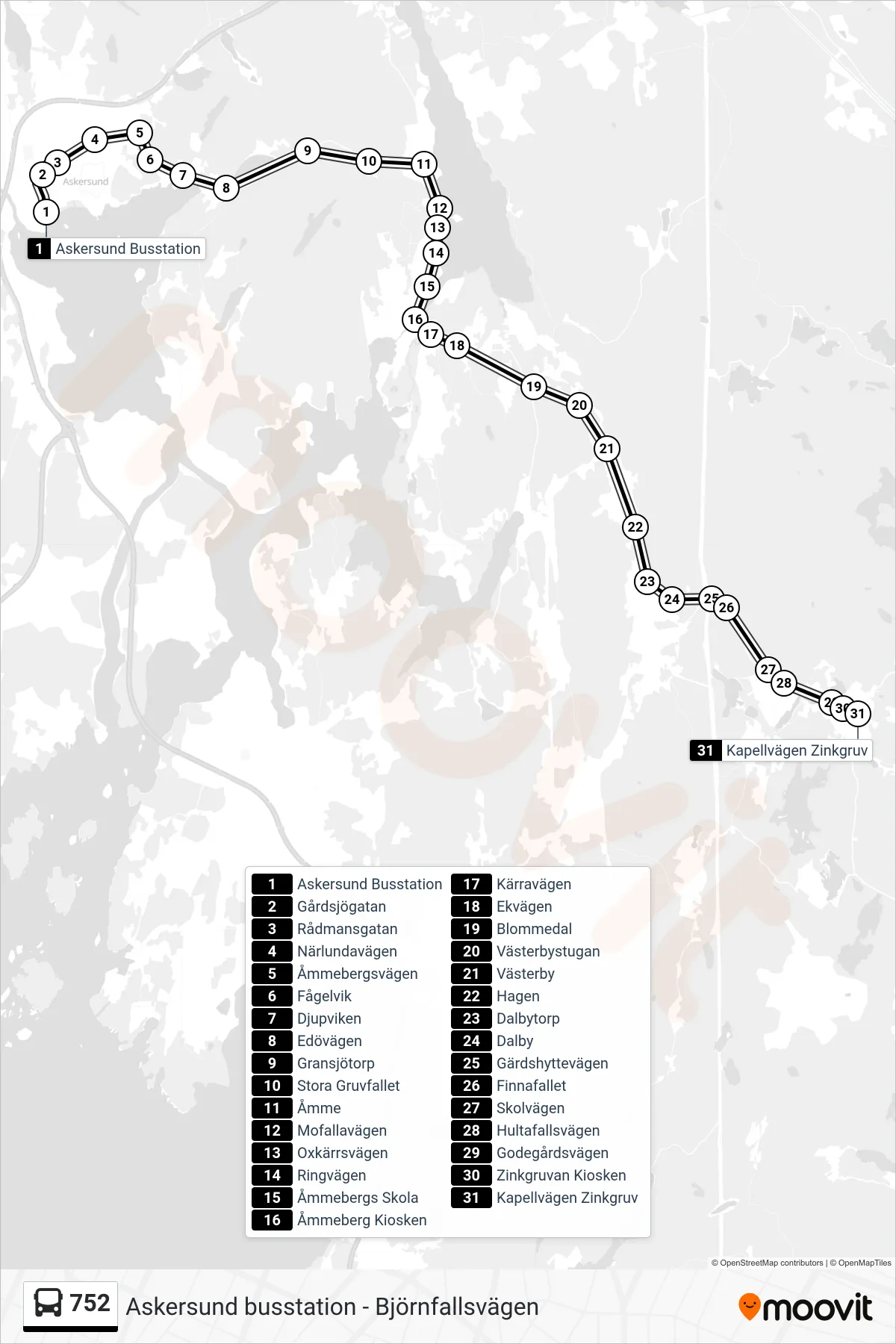Rutt och hållplatser på karta för linje 752 spårvagn, (Kapellvägen Zinkgruv)