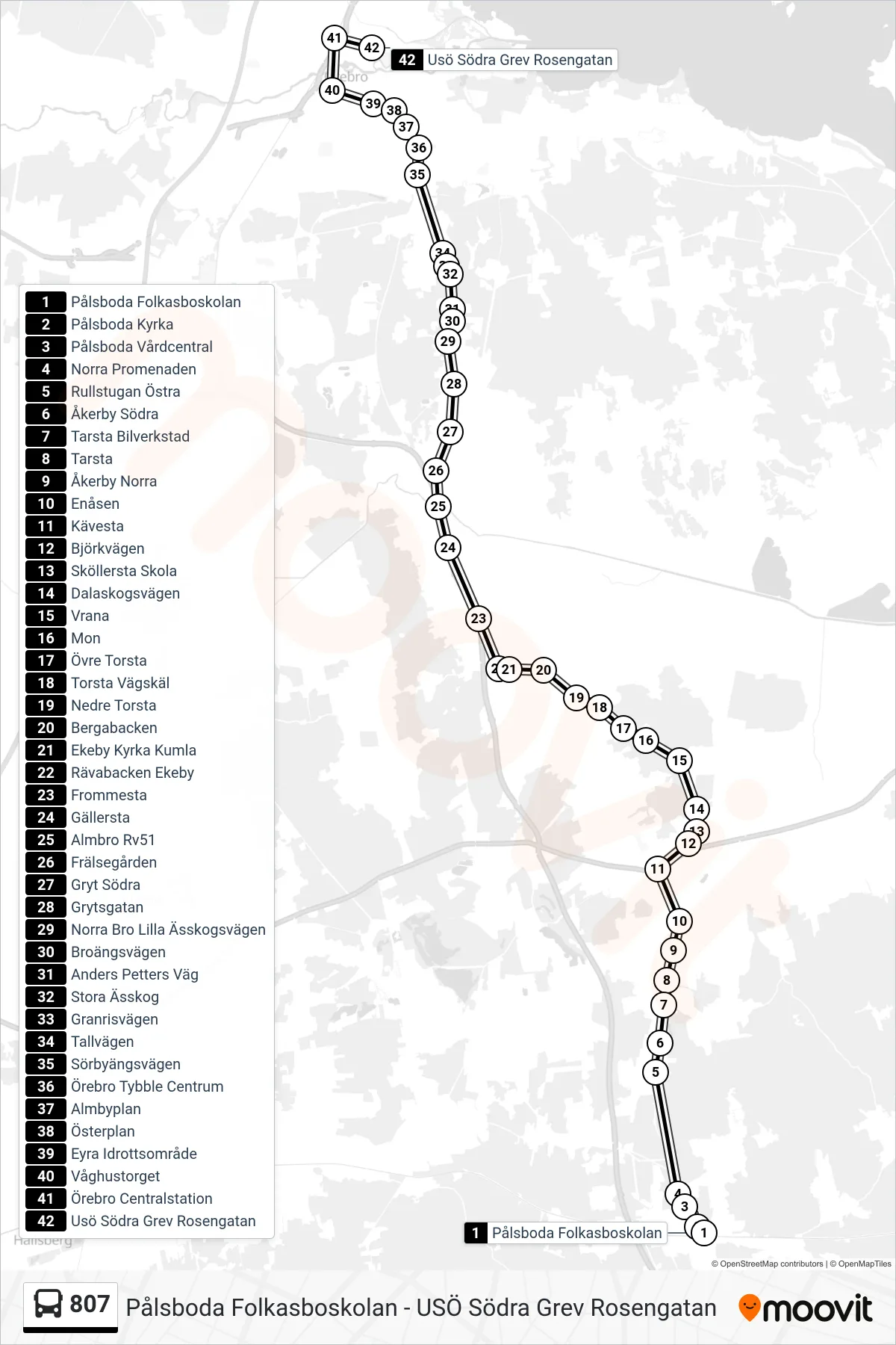 Rutt och hållplatser på karta för linje 807  spårvagn, (Usö Södra Grev Rosengatan)