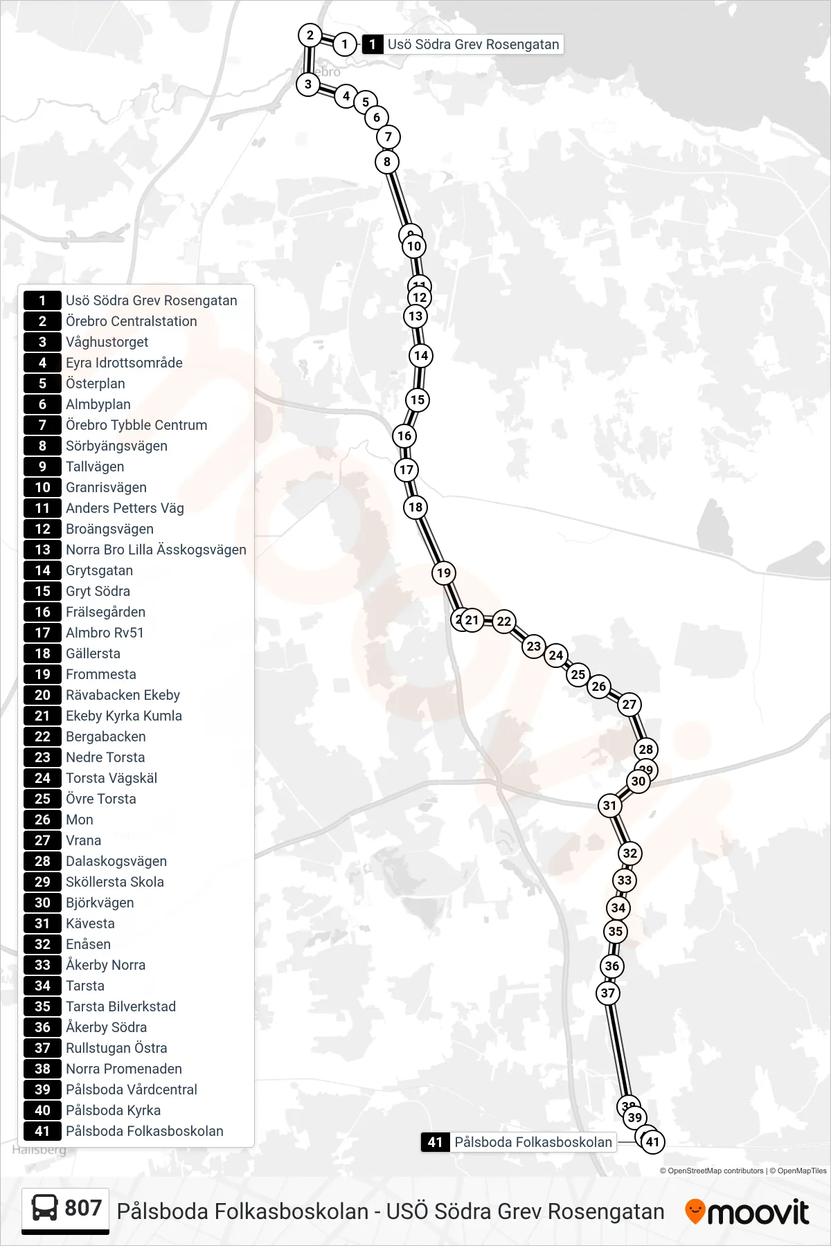 Rutt och hållplatser på karta för linje 807 spårvagn, (Pålsboda Folkasboskolan)