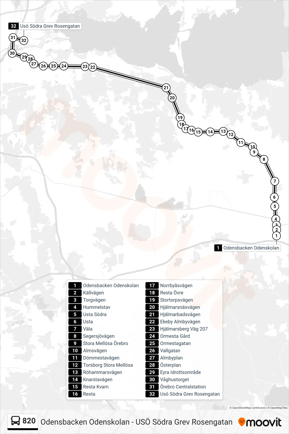 Rutt och hållplatser på karta för linje 820 spårvagn, (Usö Södra Grev Rosengatan)