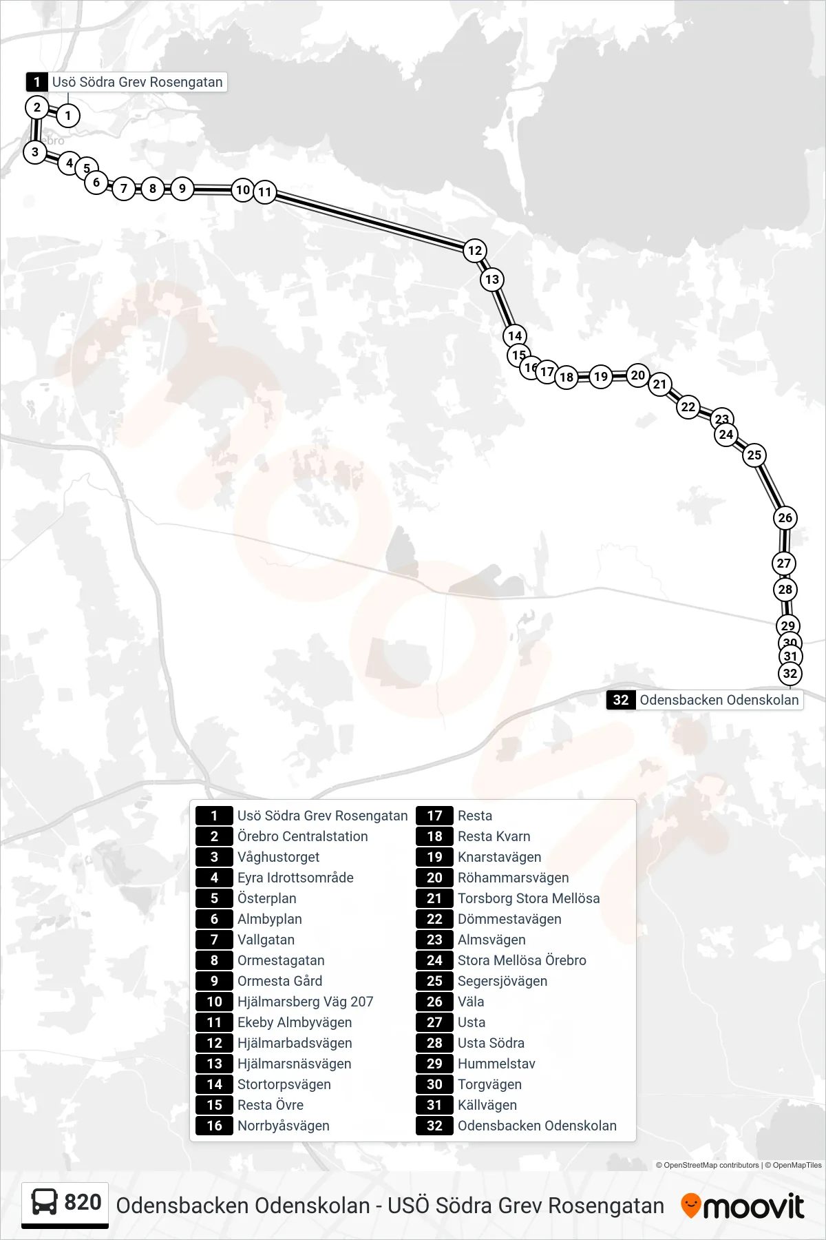 Rutt och hållplatser på karta för linje 820  spårvagn, (Odensbacken Odenskolan)