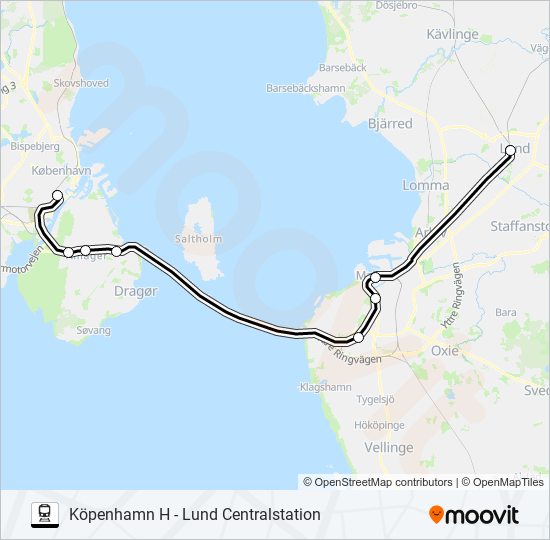 KÖPENHAMN H - LUND CENTRALSTATION tåg Linje karta