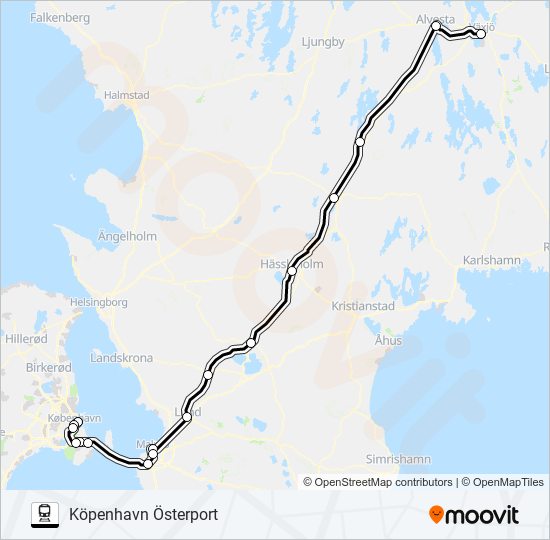 VÄXJÖ STATION - KÖPENHAVN ÖSTERPORT tåg Linje karta