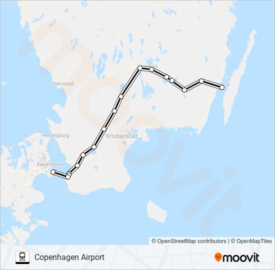 KALMAR CENTRALSTATION - KÖPENHAVN ÖSTERPORT tåg Linje karta