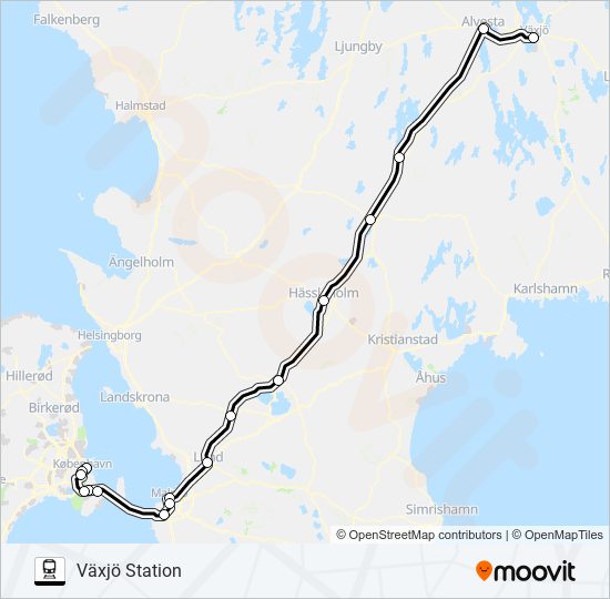 KÖPENHAVN ÖSTERPORT - KALMAR CENTRALSTATION tåg Linje karta