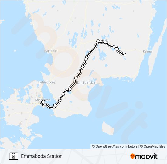 KÖPENHAVN ÖSTERPORT - KALMAR CENTRALSTATION tåg Linje karta