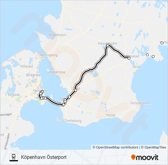 KARLSKRONA CENTRALSTATION - KÖPENHAVN ÖSTERPORT tåg Linje karta