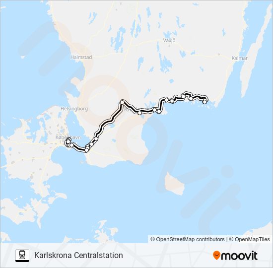 KÖPENHAVN ÖSTERPORT - KARLSKRONA CENTRALSTATION tåg Linje karta