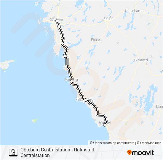 GÖTEBORG CENTRALSTATION - HALMSTAD CENTRALSTATION tåg Linje karta