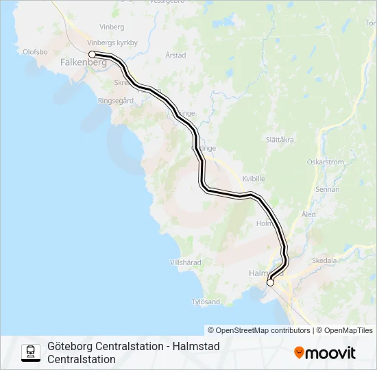 GÖTEBORG CENTRALSTATION - HALMSTAD CENTRALSTATION Train Line Map