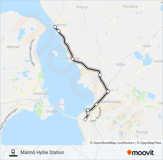 HELSINGBORG CENTRALSTATION - MALMÖ HYLLIE STATION tåg Linje karta