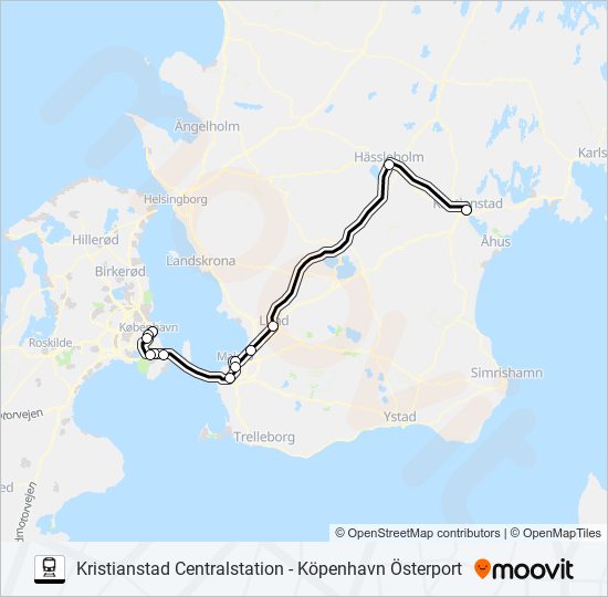 KRISTIANSTAD CENTRALSTATION - KÖPENHAVN ÖSTERPORT tåg Linje karta