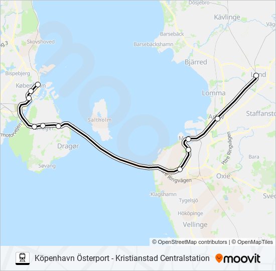 KÖPENHAVN ÖSTERPORT - KRISTIANSTAD CENTRALSTATION tåg Linje karta