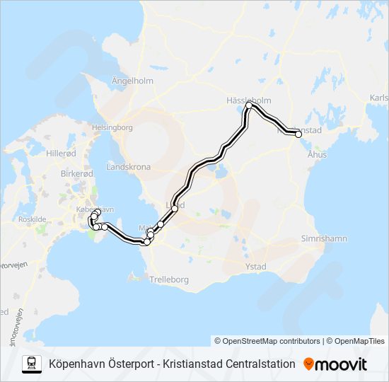 KÖPENHAVN ÖSTERPORT - KRISTIANSTAD CENTRALSTATION train Line Map